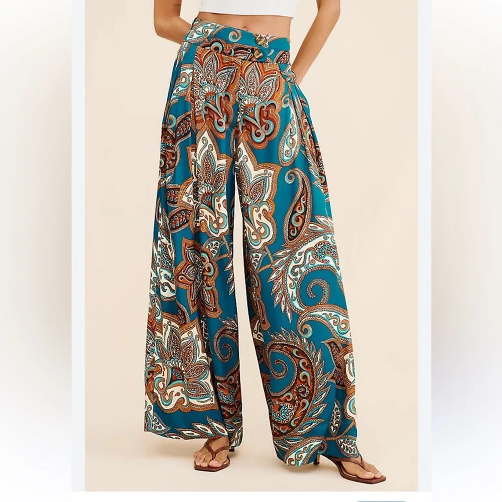 FARM Rio Teal & Brown Paisley Wide-Leg Palazzo Pants - Picture 11 of 13